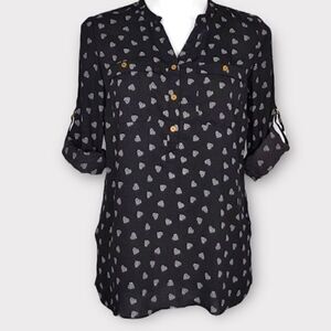 Jaclyn Smith Heart Print Roll Sleeve Blouse (Black) - Medium
